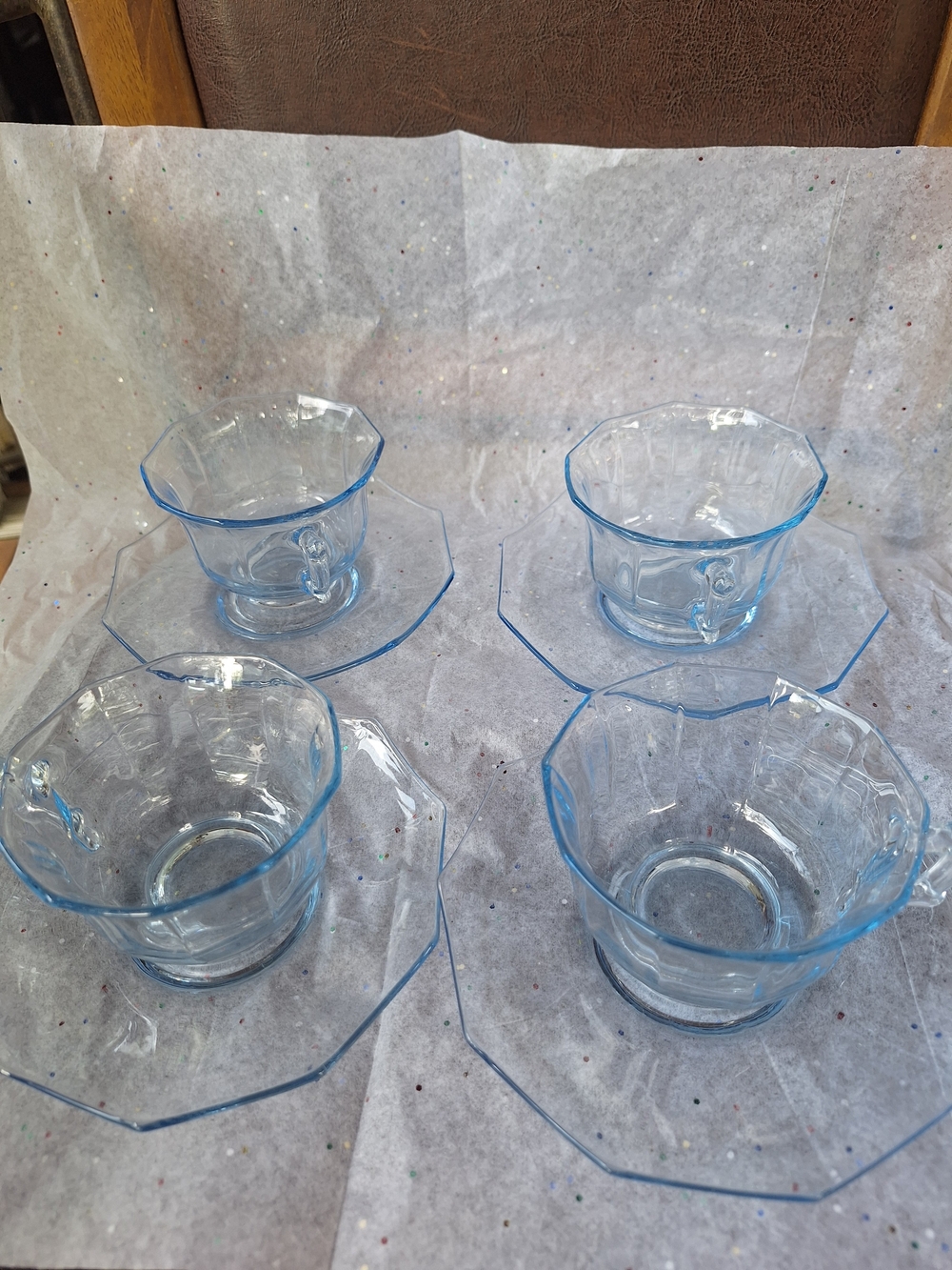 Cambridge Glass Decagon Blue Glass Tea Cups with Matching Saucers.4 Sets